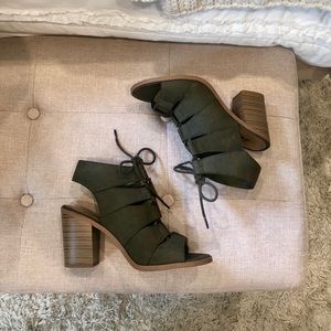 Soda Green Block Heel Lace Up Booties